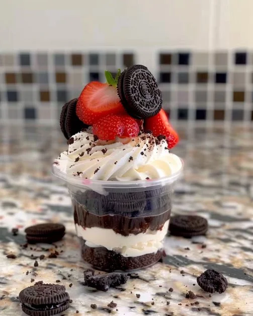 Tazas de cheesecake de Oreo decoradas con galletas Oreo crujientes