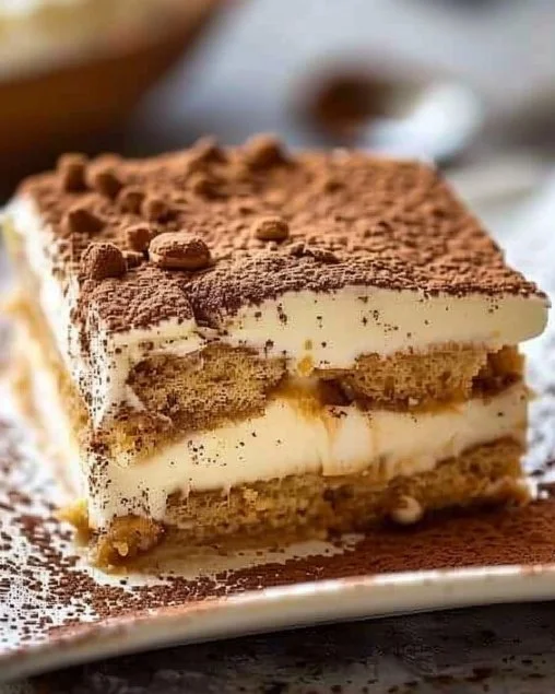 Delicioso tiramisú con café y cacao en polvo, un postre italiano clásico.