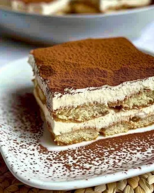 Porción de tiramisú servido en un plato, decorado con cacao y café.
