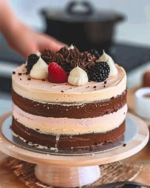 Torta de Tres Sabores con capas de chocolate, vainilla y fresa decorada