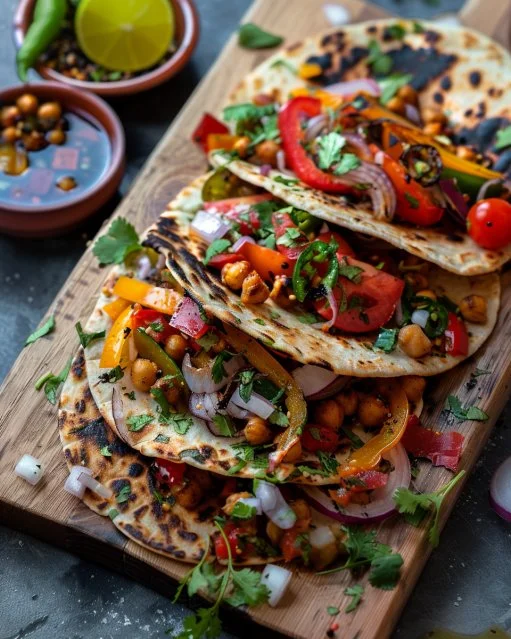 Tortillas de garbanzo y verduras en un plato colorido