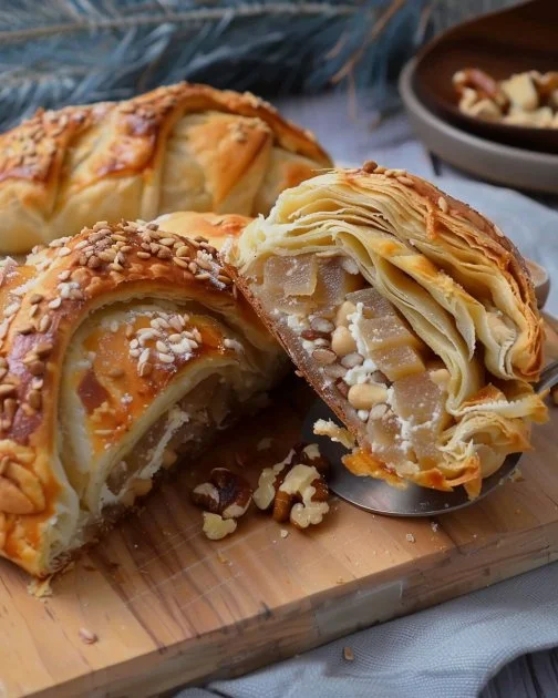 Trenza de hojaldre rellena de membrillo, queso de cabra y nueces sobre una mesa