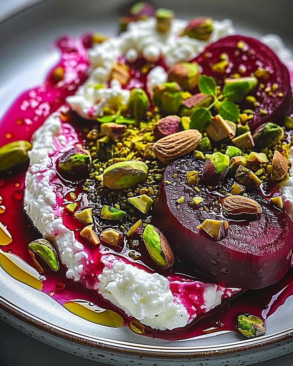 Feta batida, remolachas, pistachos