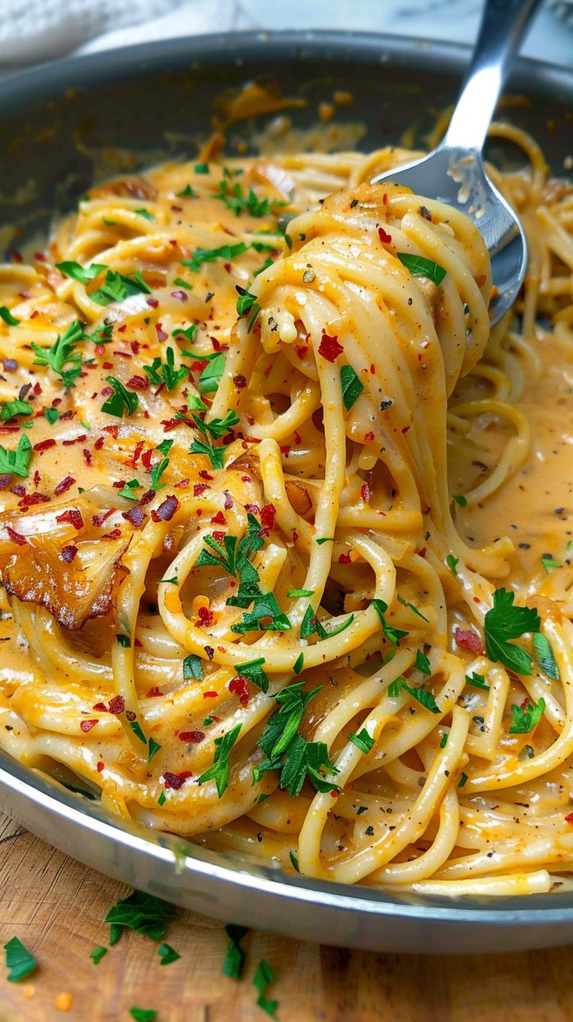 Pasta Cremosa con Cebollas Caramelizadas