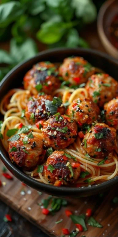 Albóndigas veganas servidas con salsa y guarnición saludable