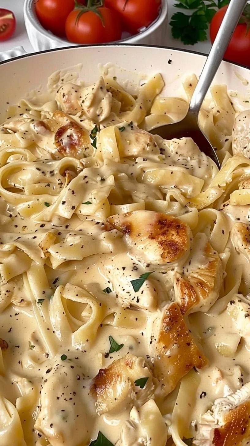 Plato de Alfredo de Pollo Sin Lácteos servido en un tazón blanco.