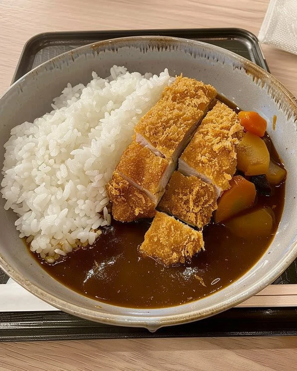 Plato de arroz al curry servido en un tazón colorido con ingredientes frescos