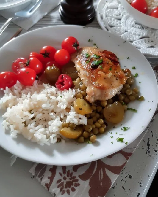 Arroz con arvejas, cerezas y pollo a la plancha en un plato colorido y apetitoso.