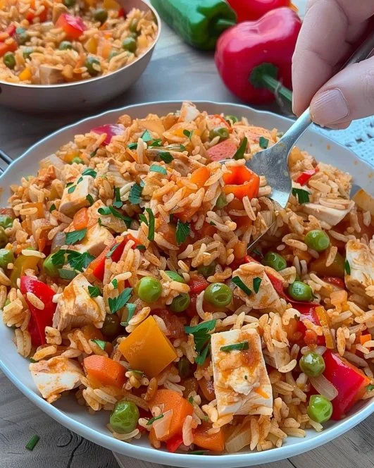 Plato de arroz con carne al estilo serbio, decorado y listo para servir.