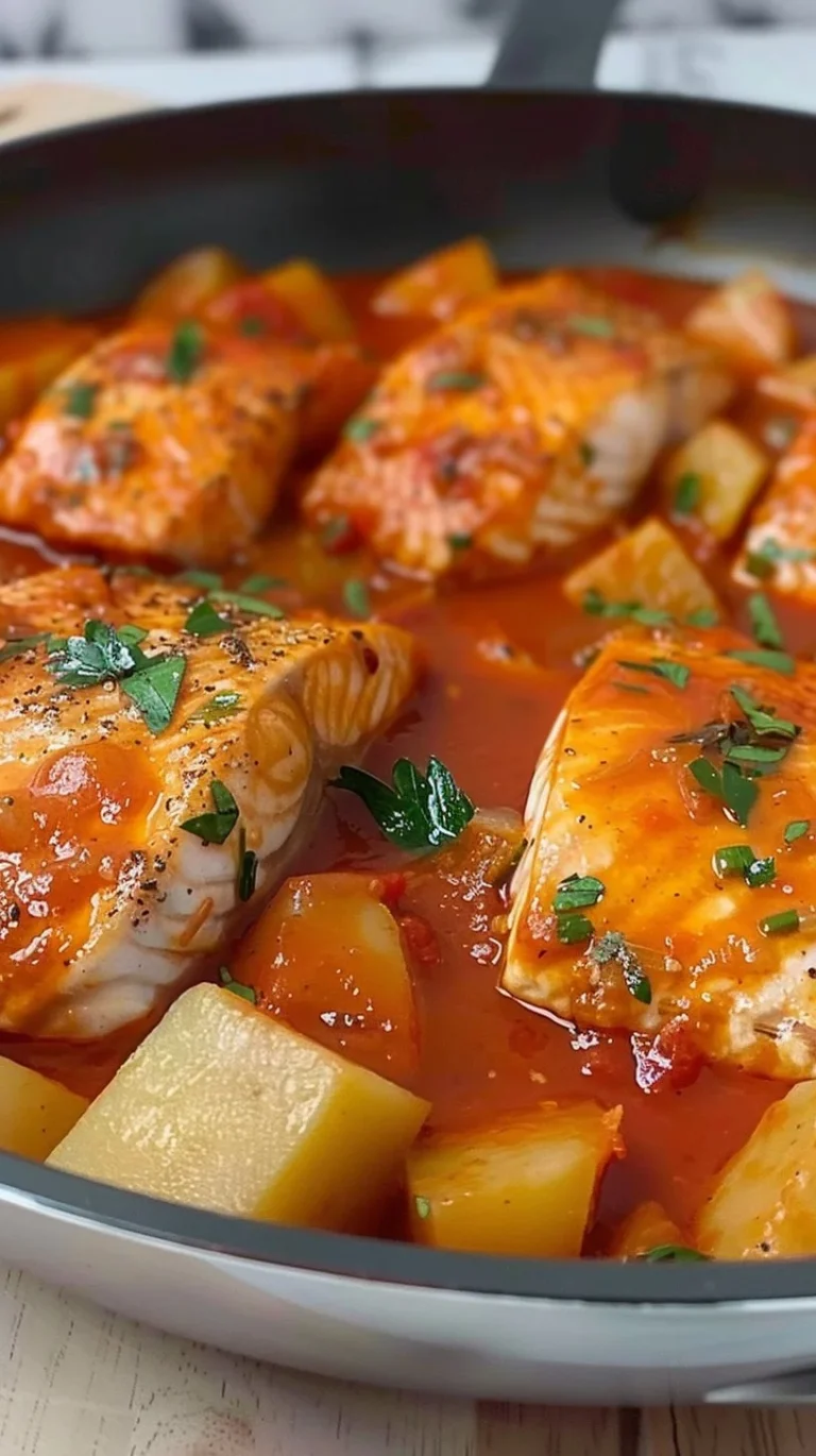 Plato de bacalao en salsa de tomate servido con guarnición.
