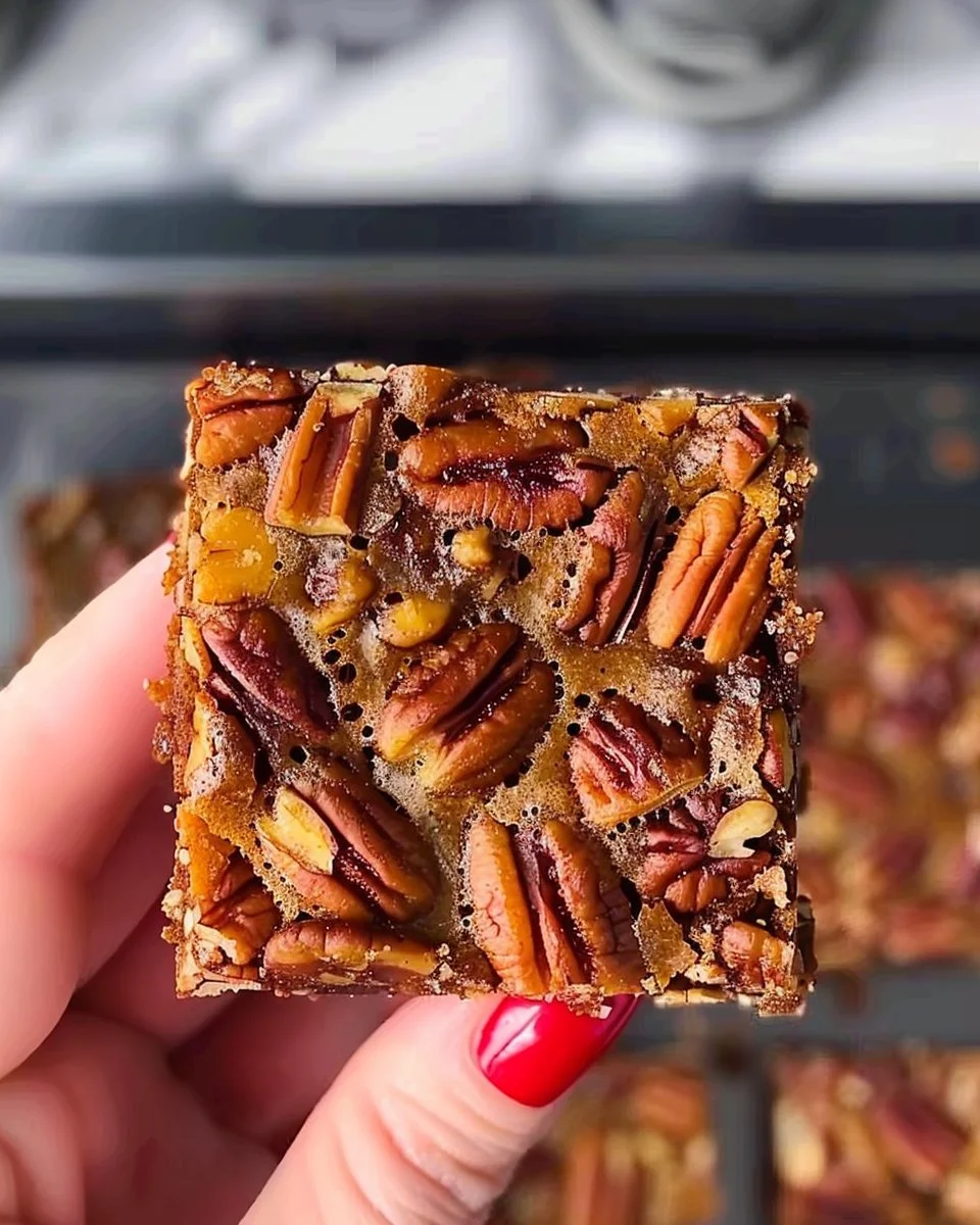 Barras de pecan pie saludables y sin gluten en un plato decorativo