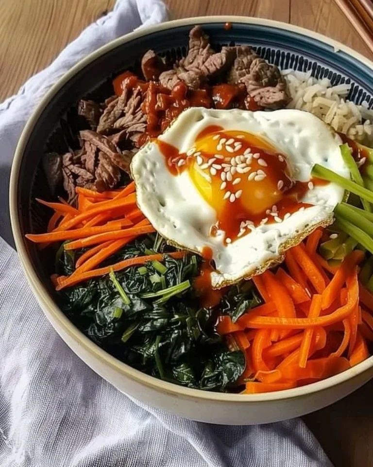 Plato de bibimbap con arroz, verduras y huevo en un tazón.