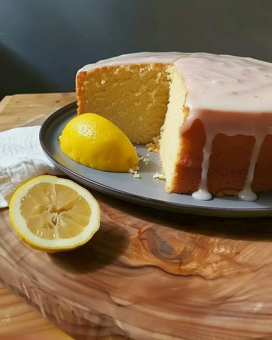 Bizcocho de limón glaseado decorado con rodajas de limón fresco