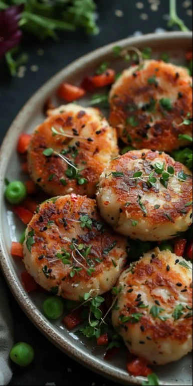 Bocaditos de atún crujientes con verduras frescas y coloridas