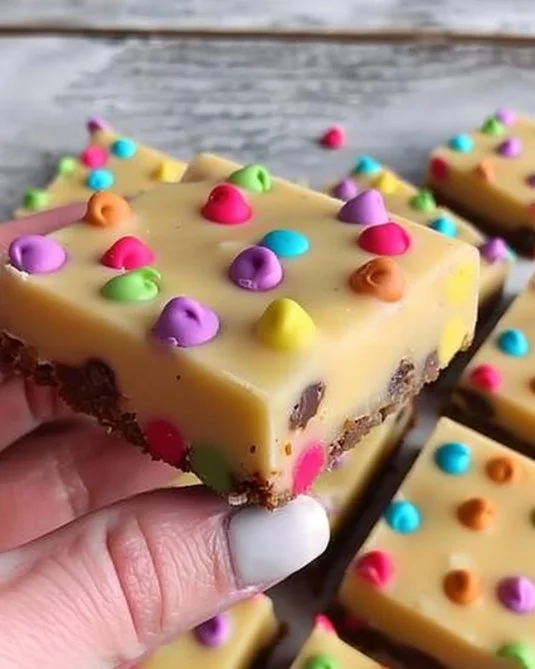Brownies cósmicos de chocolate blanco, una deliciosa y suave opción de postre.