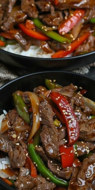 Plato de Carne de Res Mongolia con verduras y especias, delicioso y fácil de preparar.