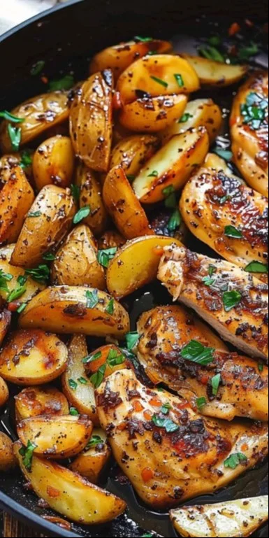 Pollo con mantequilla de ajo y papas en un plato delicioso y tentador.