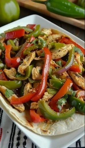 Plato de fajitas de pollo con verduras frescas y tortillas