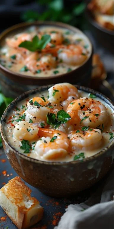 Plato de Crema de Marisco con mariscos frescos y hierbas