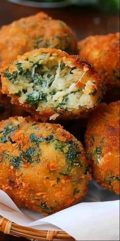 Croquetas de espinacas recién hechas, crujientes por fuera y suaves por dentro.