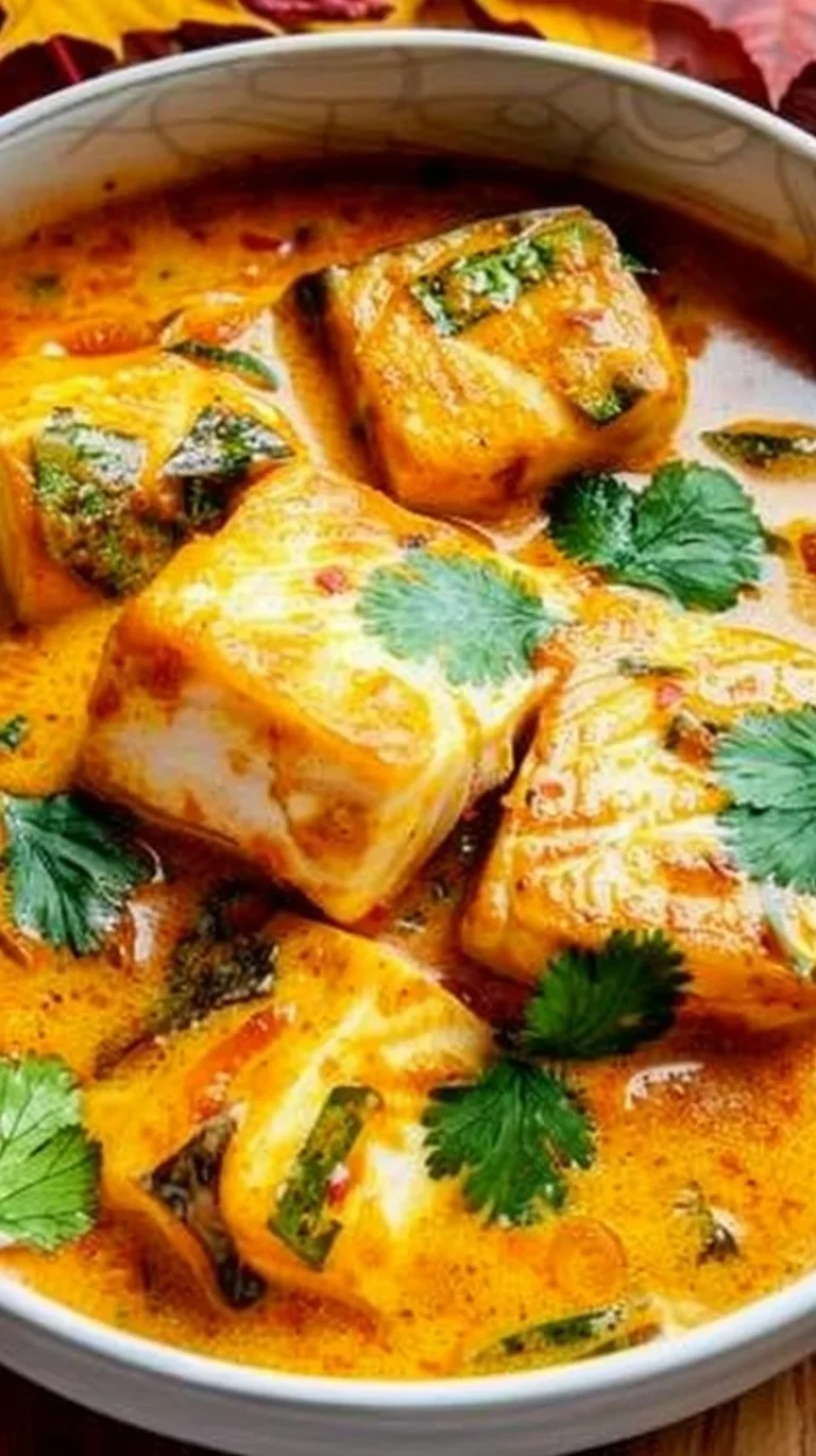 Plato de Curry de Pescado con Coco servido con arroz