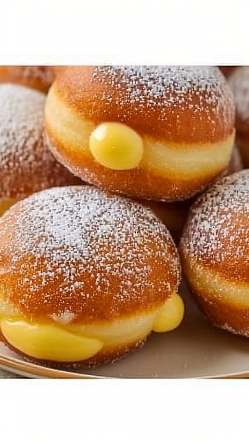 Deliciosas donas rellenas de crema pastelera sobre fondo blanco