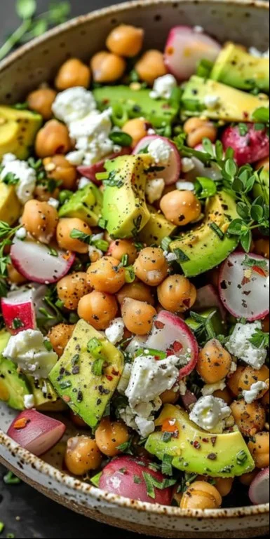 Ensalada de garbanzos con queso feta y aguacate en un plato colorido