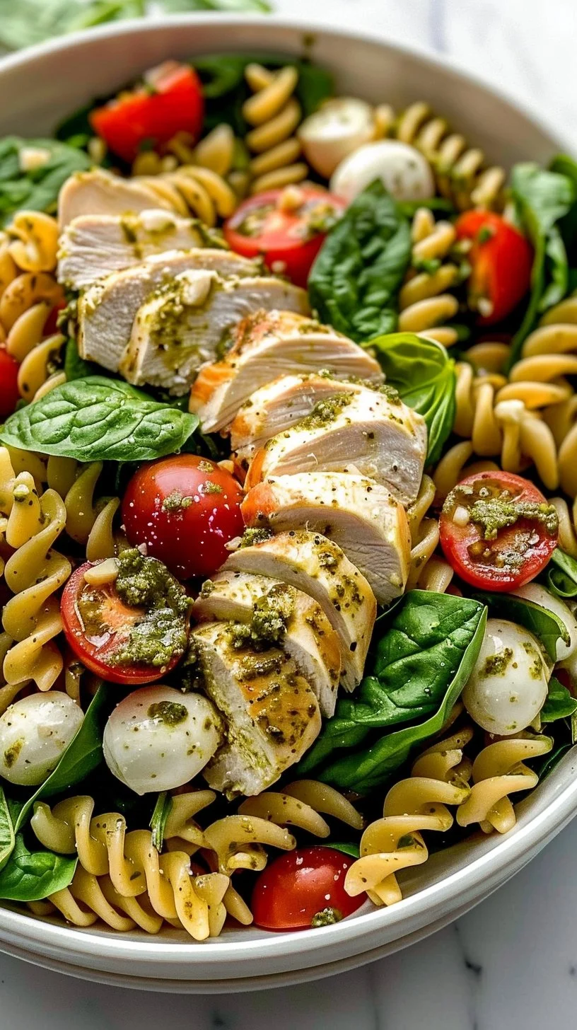 Ensalada de pasta con pesto y pollo en un plato decorativo