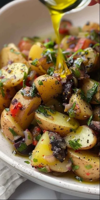 Ensalada de patatas mediterránea con verduras frescas y aderezo
