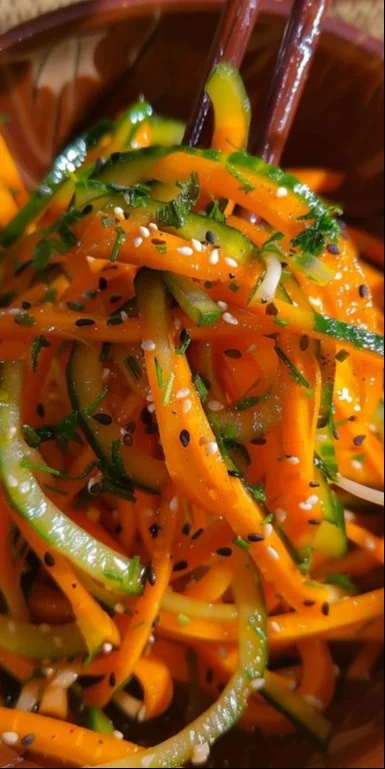 Ensalada de pepino y zanahoria fresca en un plato blanco