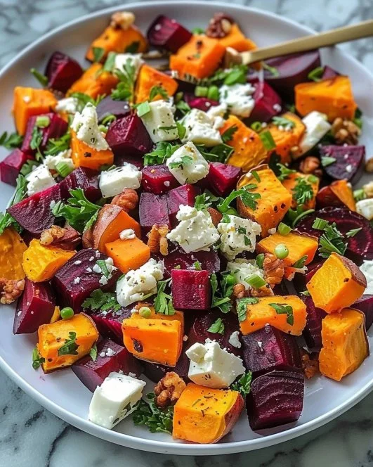 Ensalada de remolacha asada y batata presentada en un plato colorido.