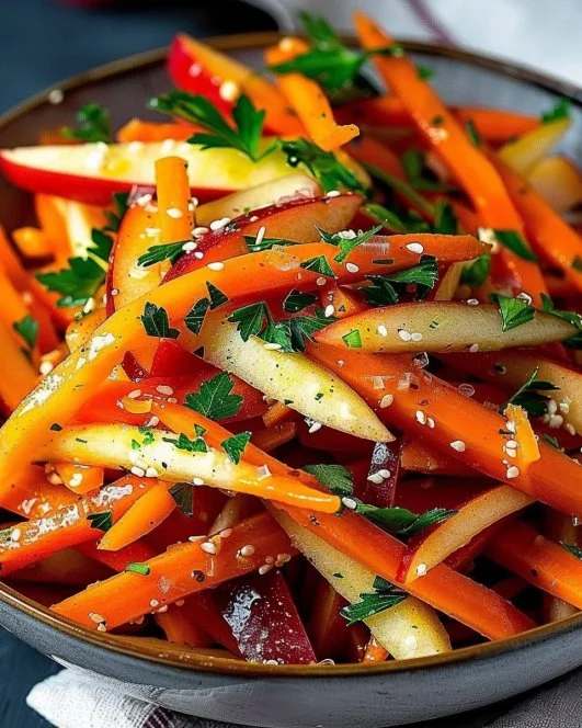 Ensalada de zanahoria y manzana en un bol, decorada con nueces y aderezo saludable.