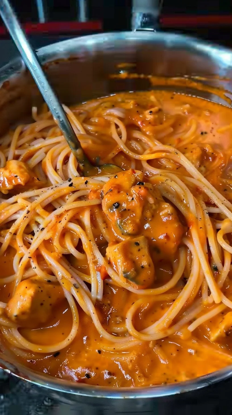 Espaguetis con pollo cocinados en una sola olla, platillo delicioso y fácil de preparar.