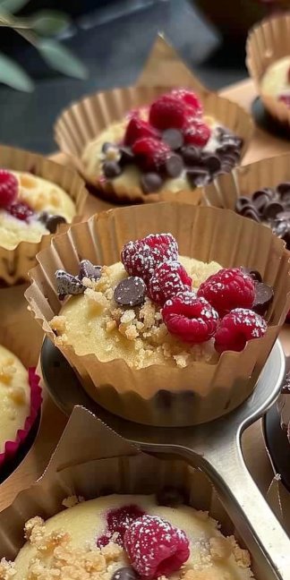 Muffins de frambuesa y chispas de chocolate con cobertura de crumble