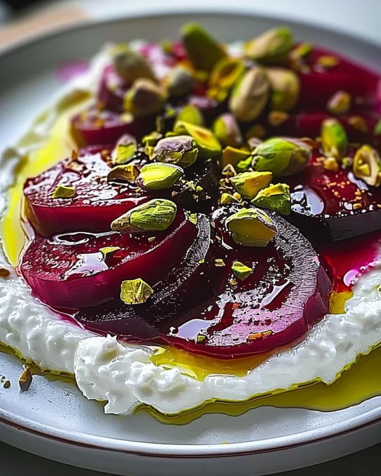 Feta batida con remolachas y pistachos en un plato atractivo.