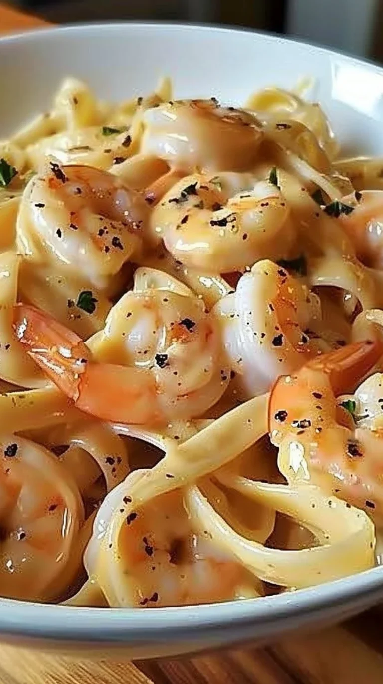 Plato de Fettuccine de Camarones Cremoso con salsa rica y camarones frescos.
