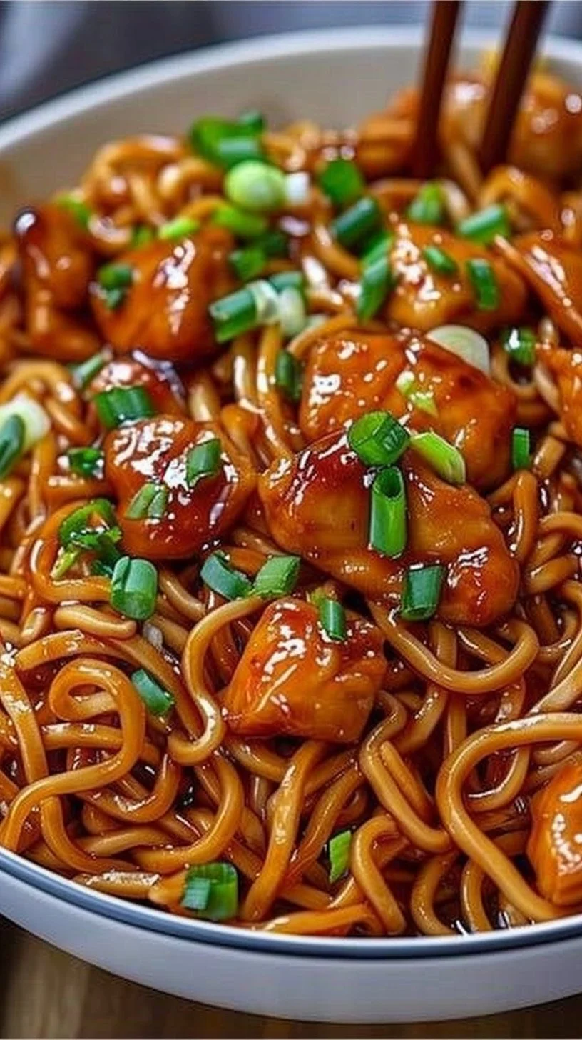 Receta de Fideos de Pollo Ajo Pegajoso con ingredientes frescos y sabrosos