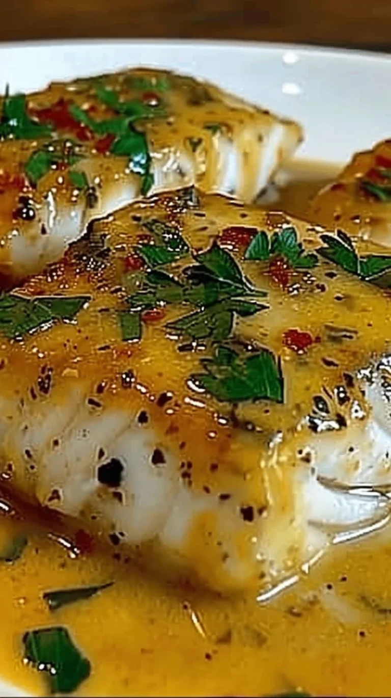 Filete de pescado con salsa de mostaza y limón servido en un plato