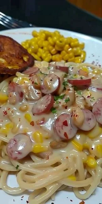 Frito con salami y espaguetis blancos