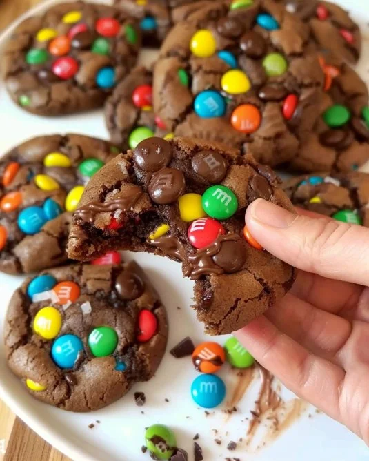 Galletas de chocolate con M&Ms recién horneadas en una bandeja