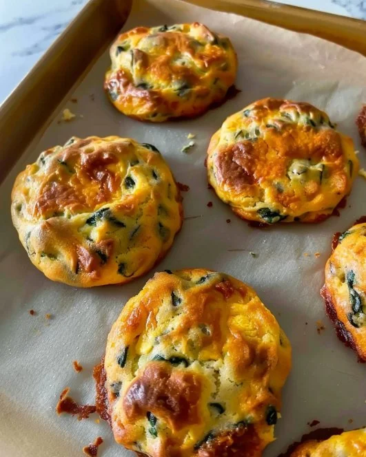 Galletas de huevo y espinaca recién horneadas en un plato