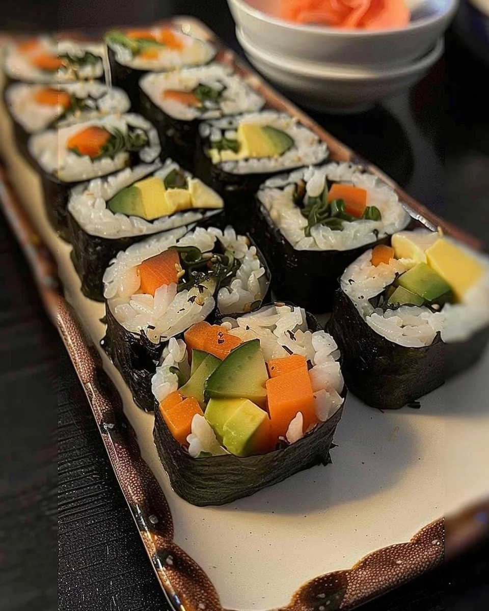 Kimbap variado en un plato con palillos y acompañamientos