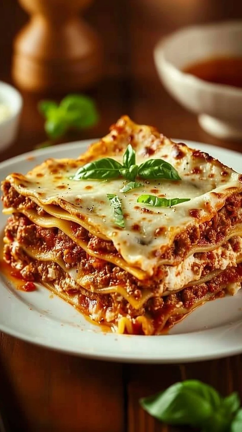 Plato de lasaña casera recién horneada con ingredientes frescos y sabrosos.