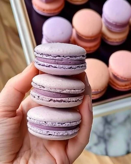 Variadas y coloridas macarones decorados en un plato de cerámica