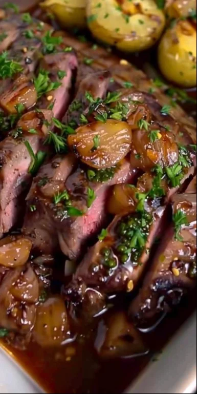 Plato de maminha en salsa de madera con guarnición