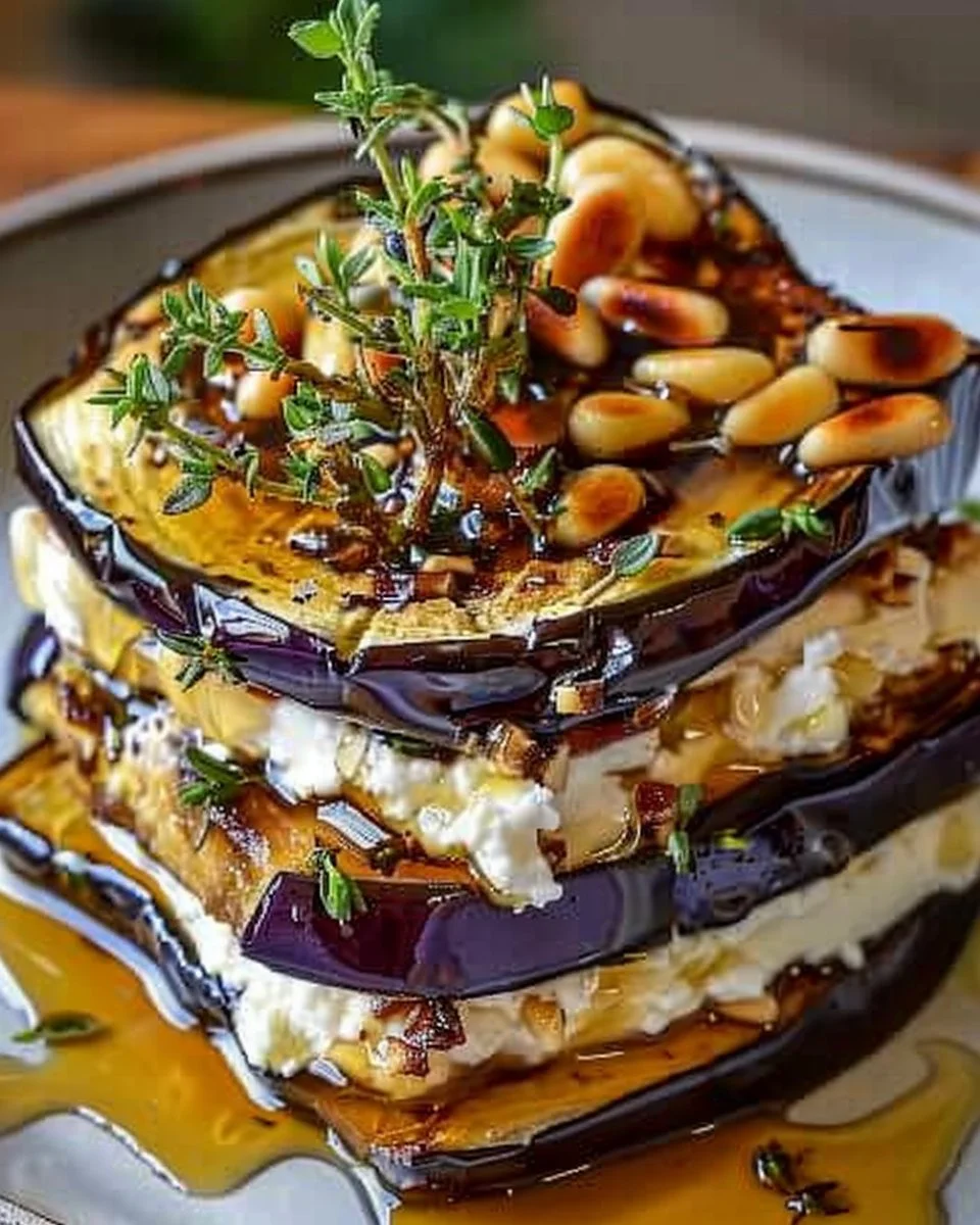 Plato de milhojas de berenjena con miel de cabra, gourmet y delicioso