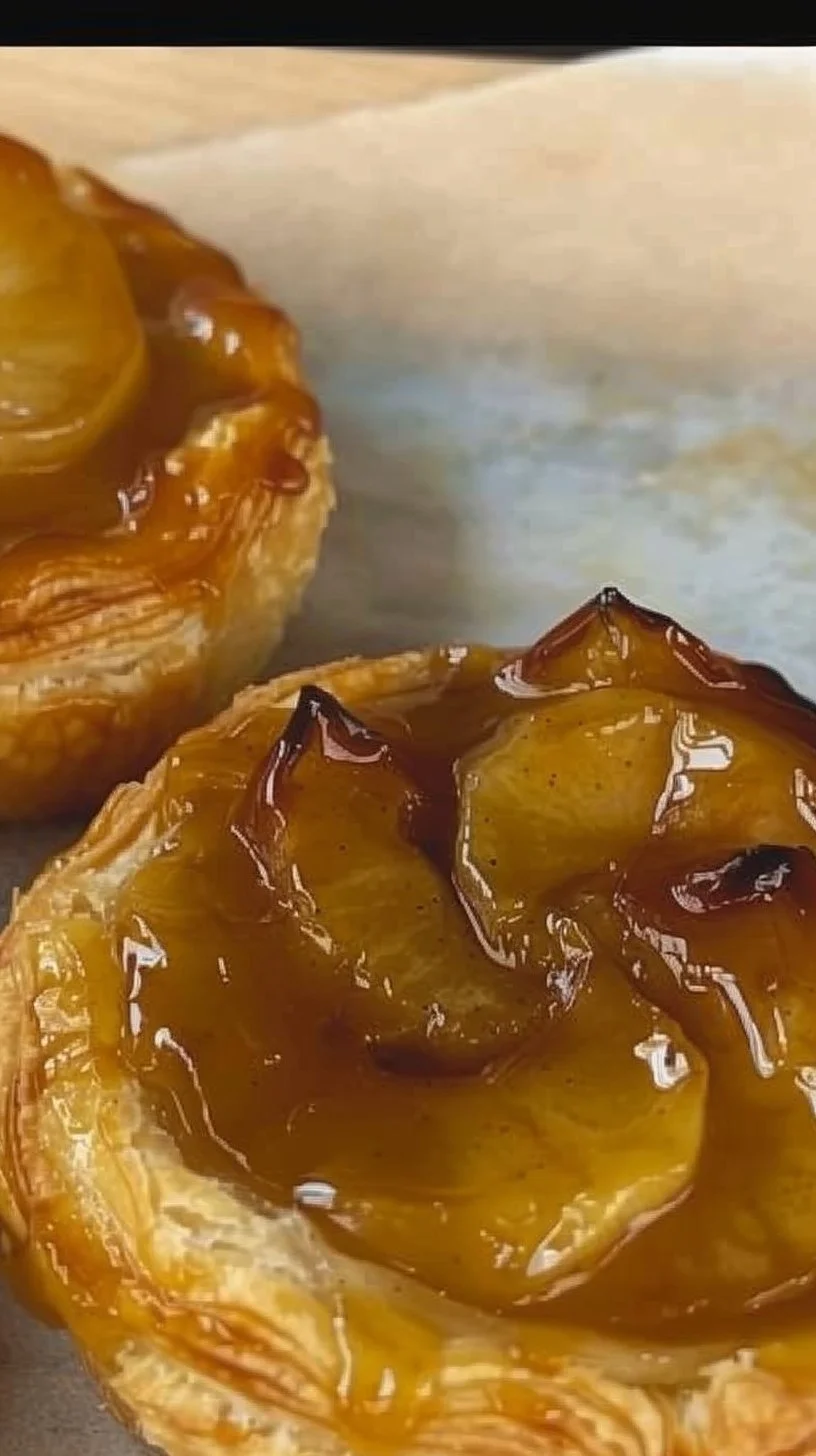 Mini tarta tatin de manzana con caramelo dorado y presentación apetitosa.