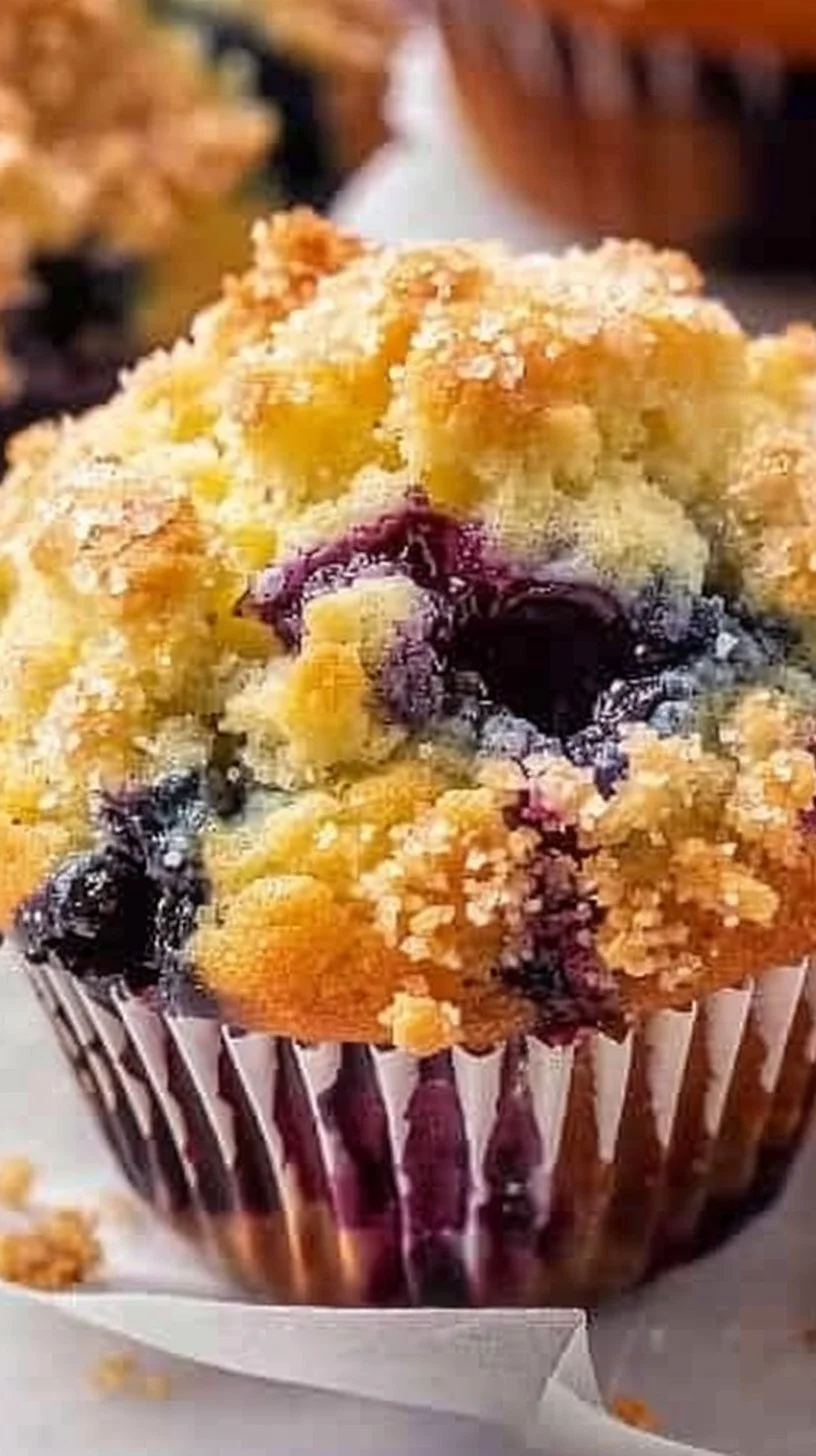 Muffins de arándano recién horneados y esponjosos sobre una mesa de madera.