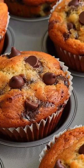 Muffins de banana con chips de chocolate recién horneados y decorados