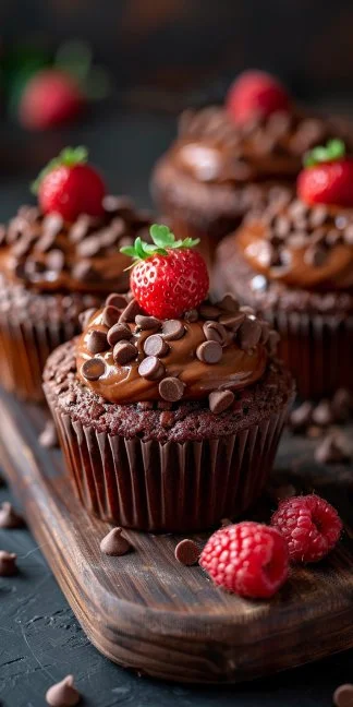 Deliciosos muffins de chocolate recién horneados con un suave interior y crujiente exterior